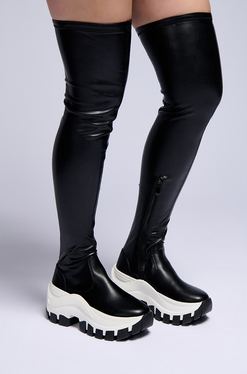 AZALEA WANG WAYLEN FLATFORM SNEAKER BOOT WITH 4 WAY STRETCH IN BLACK