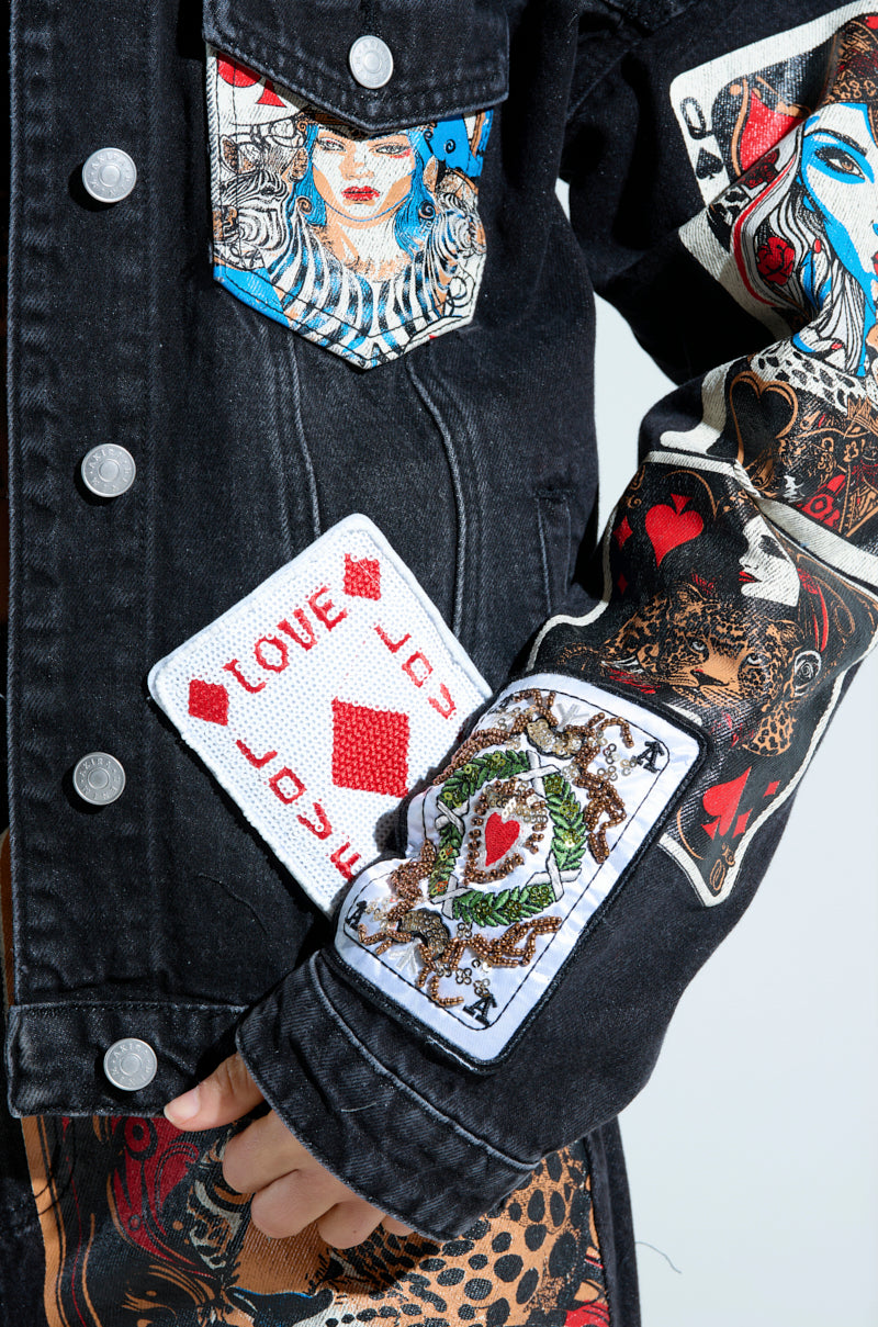 QUEEN OF HEARTS PRINTED AND EMBELLISHED DENIM JACKET