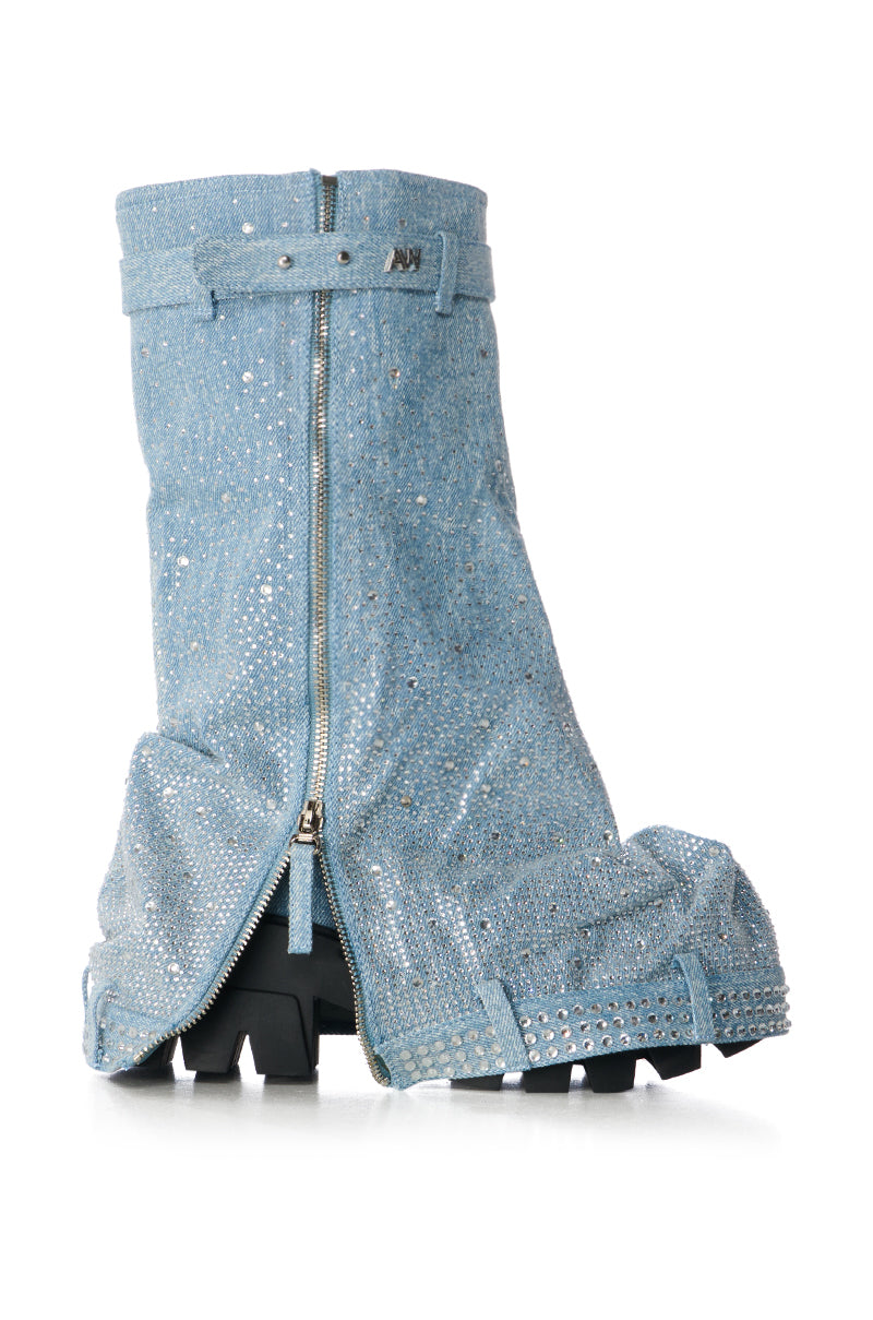 AZALEA WANG ANGELA RHINESTONED DENIM FLAT BOOTIE