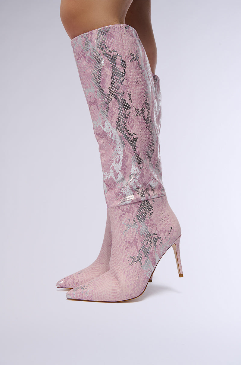 AZALEA WANG CASHY SNAKE EMBOSSED PINK STILETTO BOOT