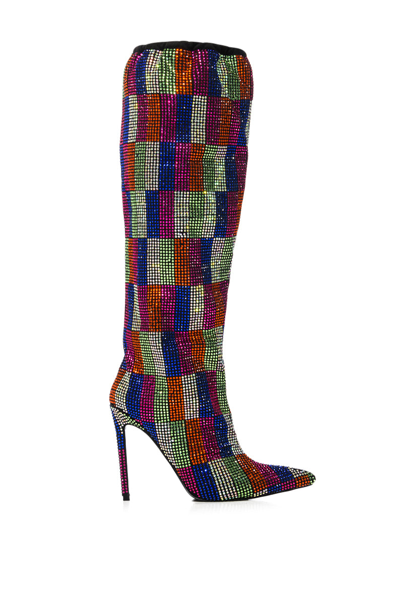 AZALEA WANG BELEN MULTI CHECKERBOARD RHINESTONE DETAIL BOOT