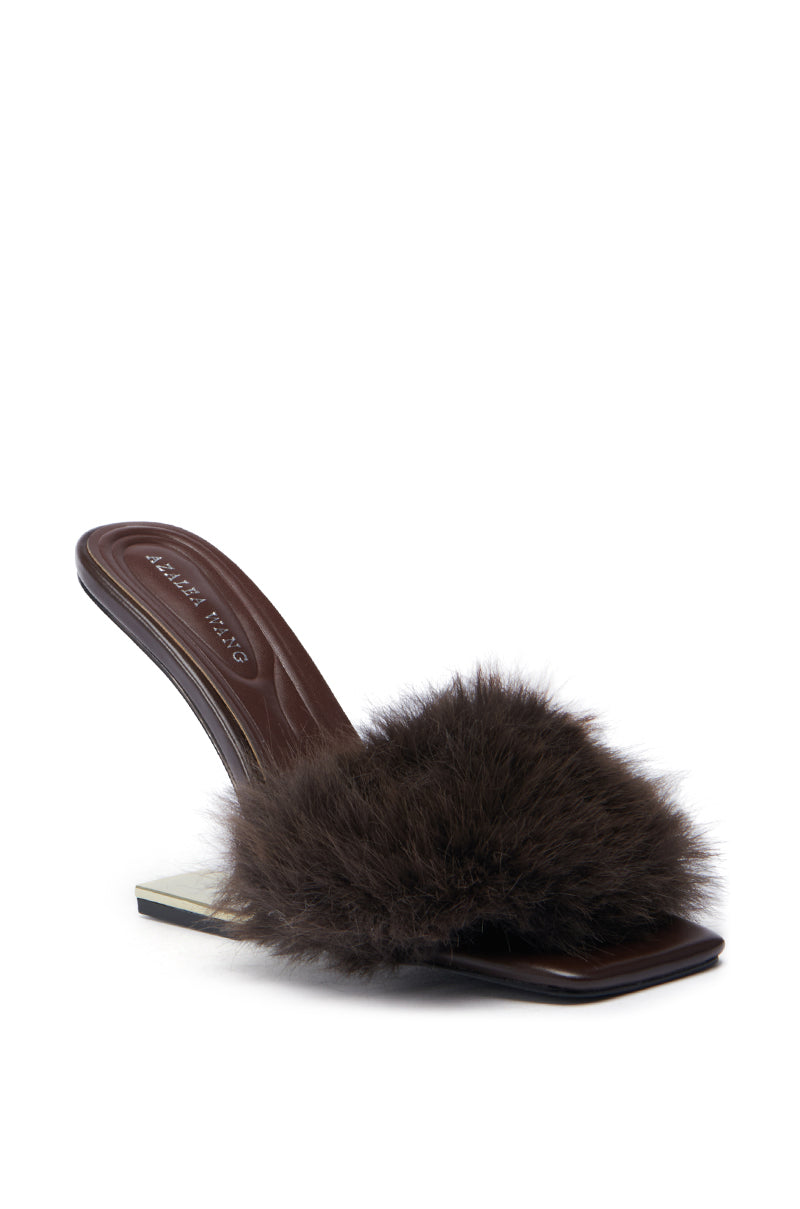 AZALEA WANG PUPON BROWN FUR SANDAL WITH WEDGE HEEL