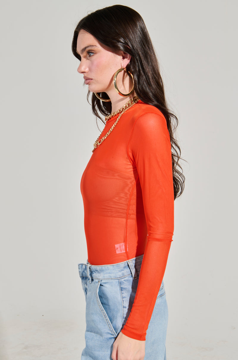 PAXTON MESH LONG SLEEVE CREW NECK BODYSUIT IN ORANGE