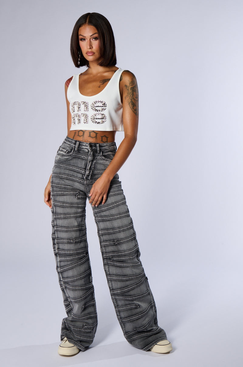 ALL ABOUT ME CROPPED SLEEVELESS T SHIRT