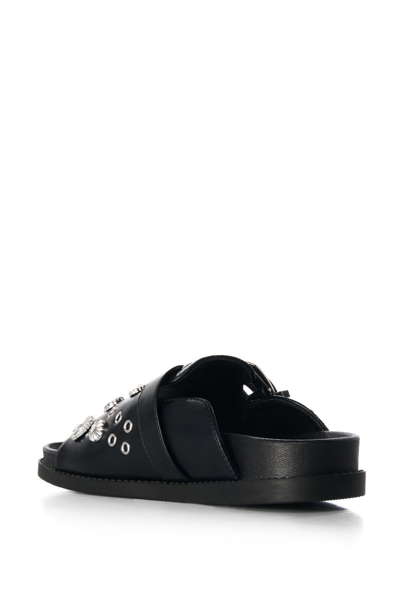 AZALEA WANG CASSANDRA BLACK SILVER CHARM SLIDE ON SANDAL