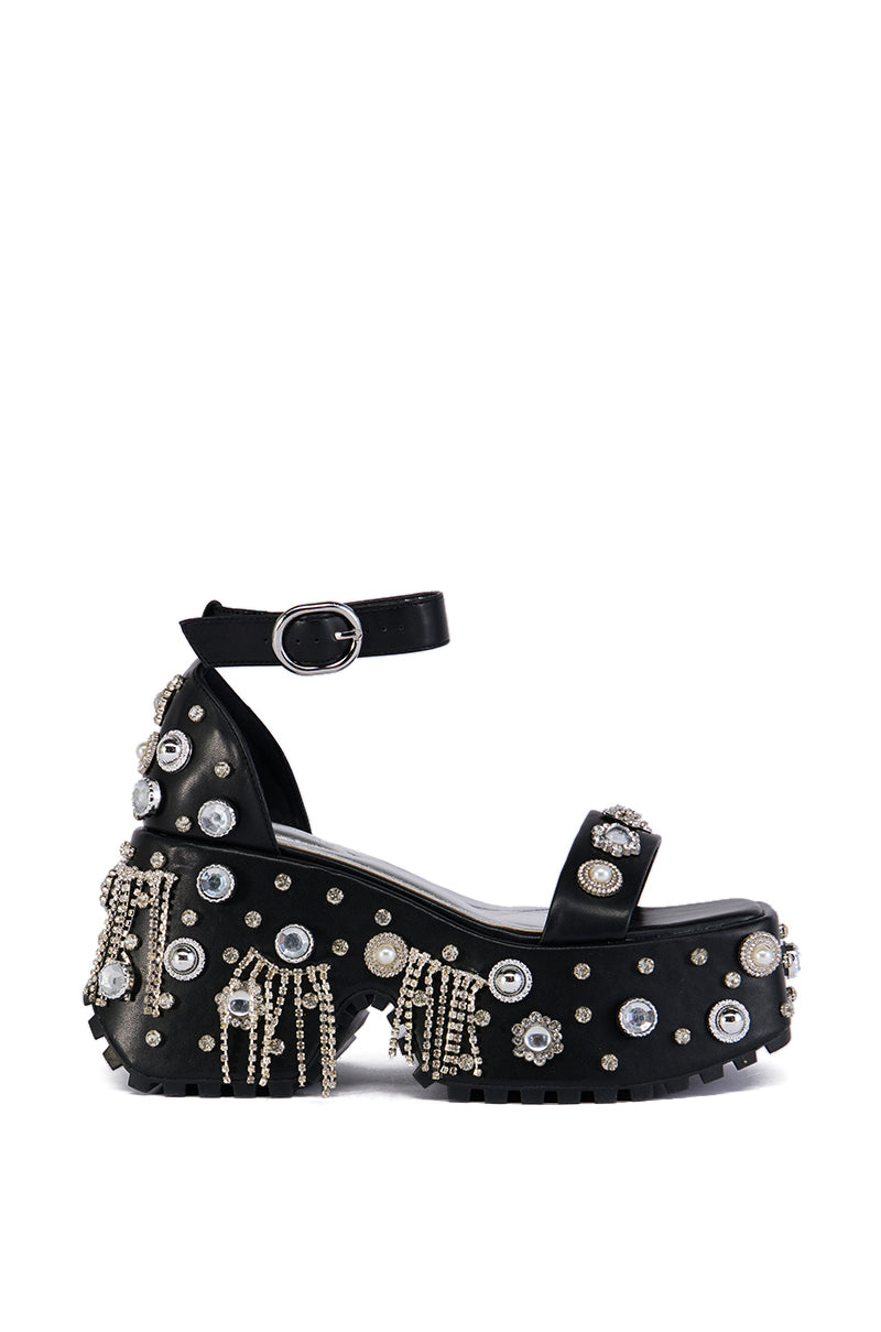 AZALEA WANG JONANN BLACK EMBELLISHED CHUNKY HEEL PLATFORM SANDAL