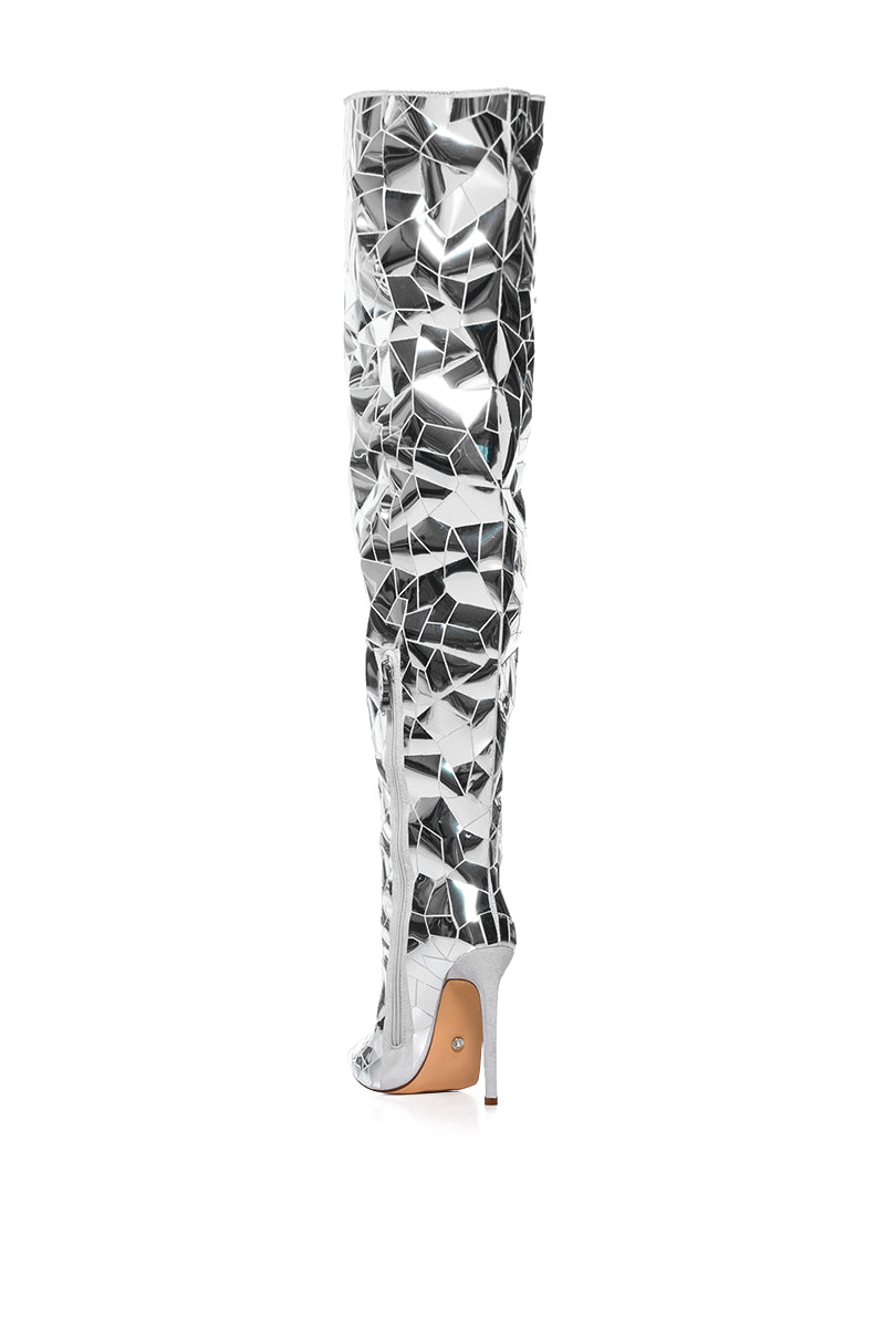 AZALEA WANG SHATTERED METALLIC STILETTO BOOT IN SILVER