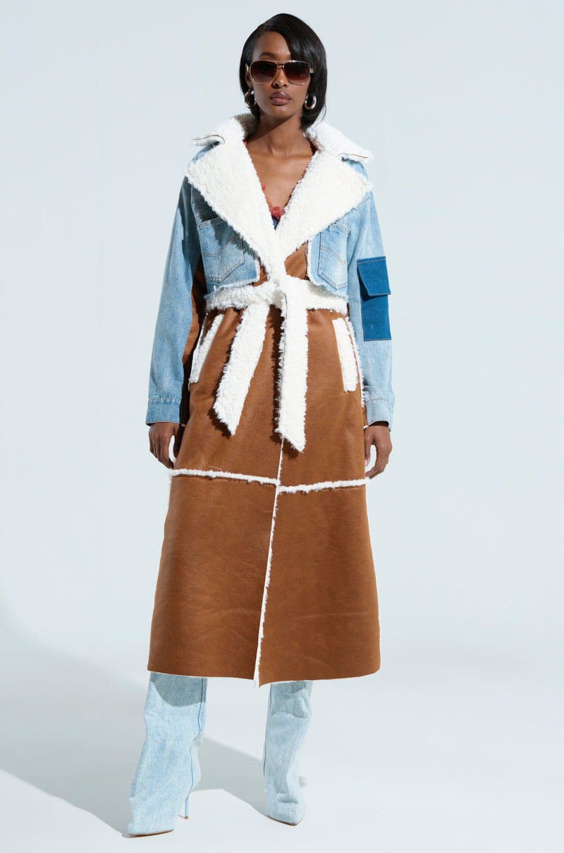 AZALEA WANG AMINA SHEARLING TRENCH WITH DENIM CROP