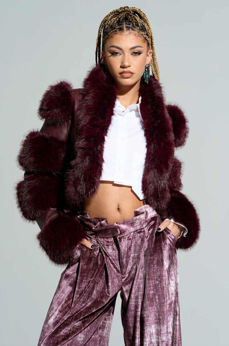 LOVERBOY FAUX FUR MOTO JACKET IN BURGUNDY