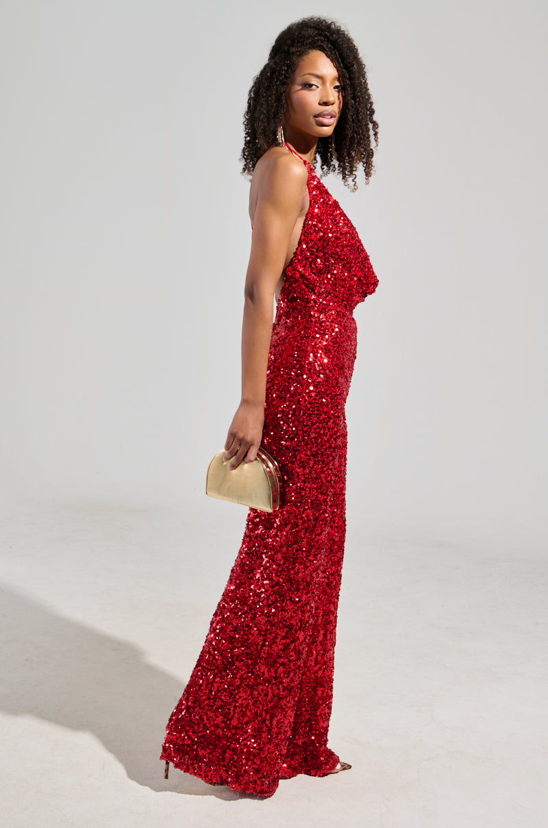 JODIE SCOOP NECK SEQUIN JUMPSUIT IN RED