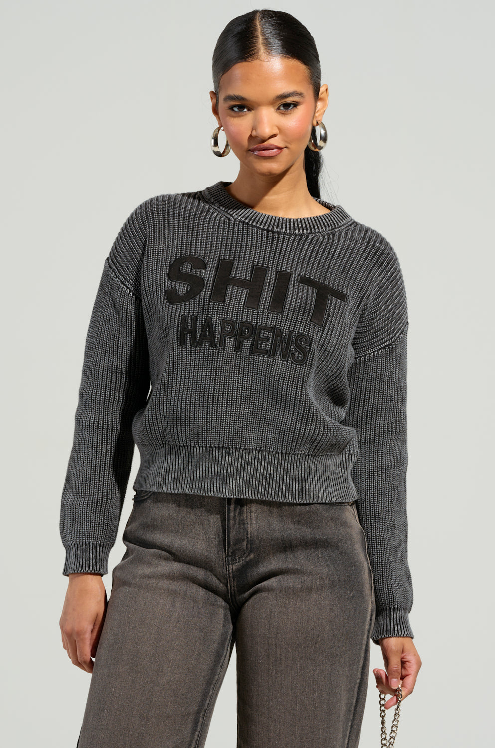 SHIT HAPPENS MINERAL WASH LONG SLEEVE SWEATER