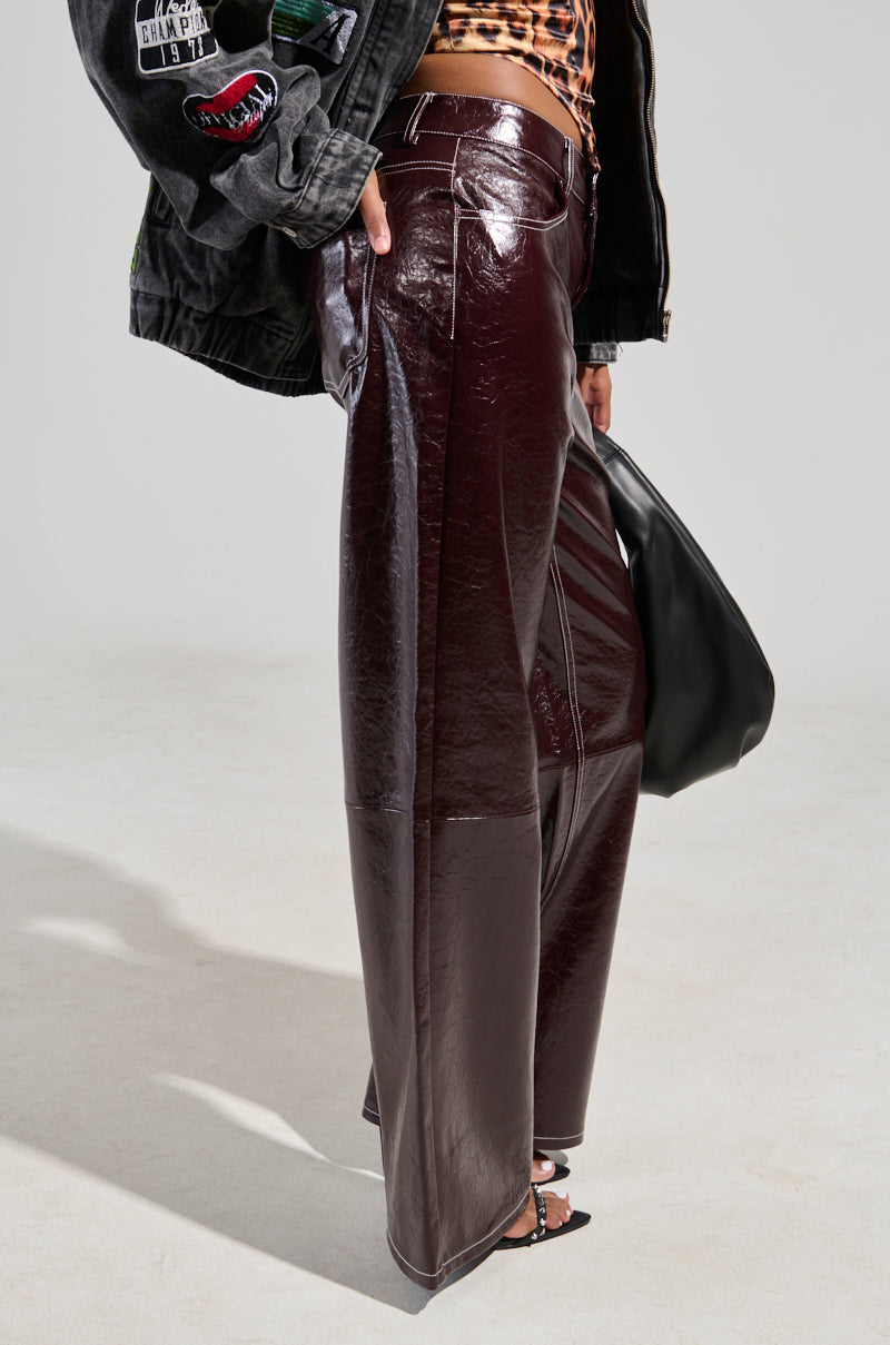 START WITH ME FAUX LEATHER TROUSER IN BURGUNDY