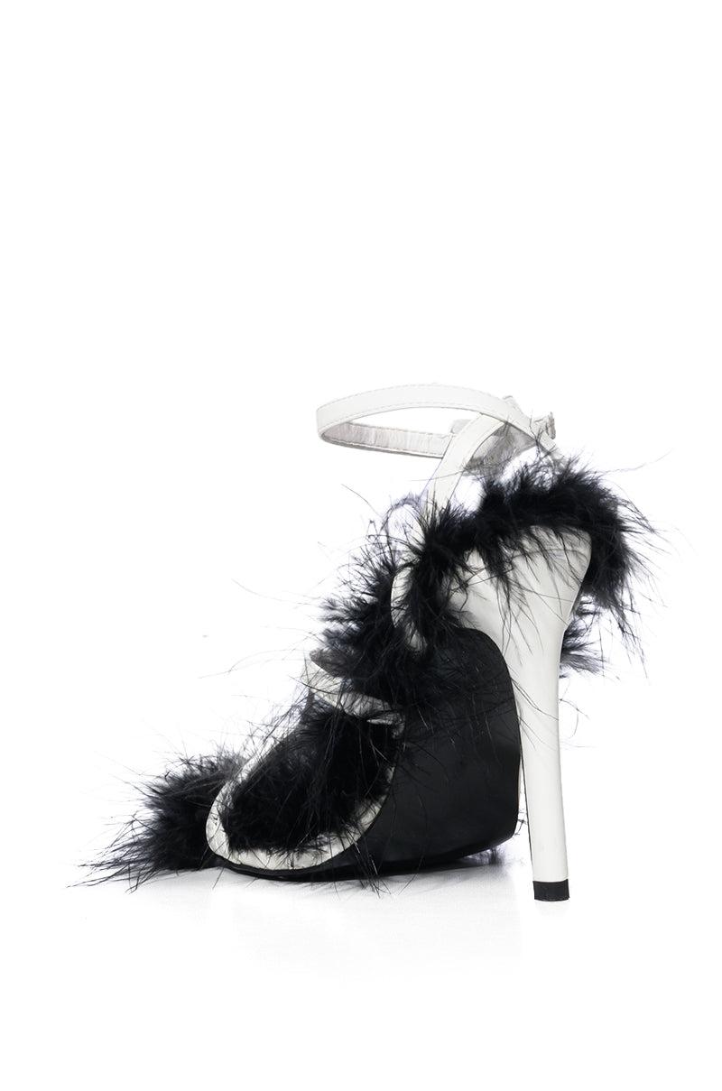 AZALEA WANG BODHI WHITE AND BLACK FUZZY STILLETO SANDAL