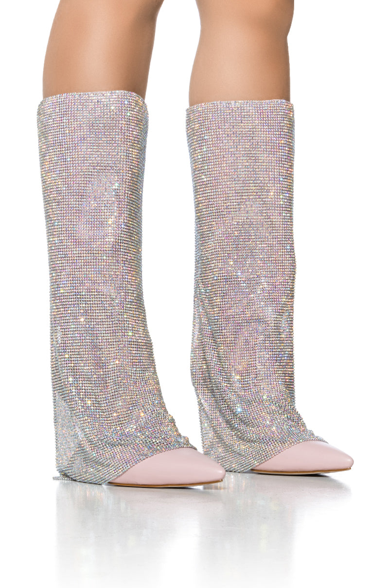 AZALEA WANG RHYANN RHINESTONE CHAINMAIL DRAPE BOOT IN PINK