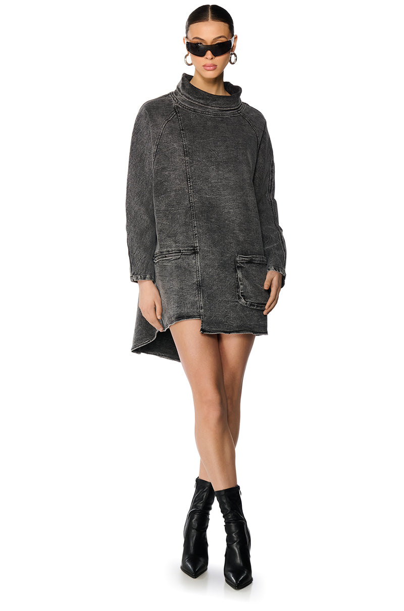 BROOKLYN MOCK NECK DENIM SHIFT DRESS