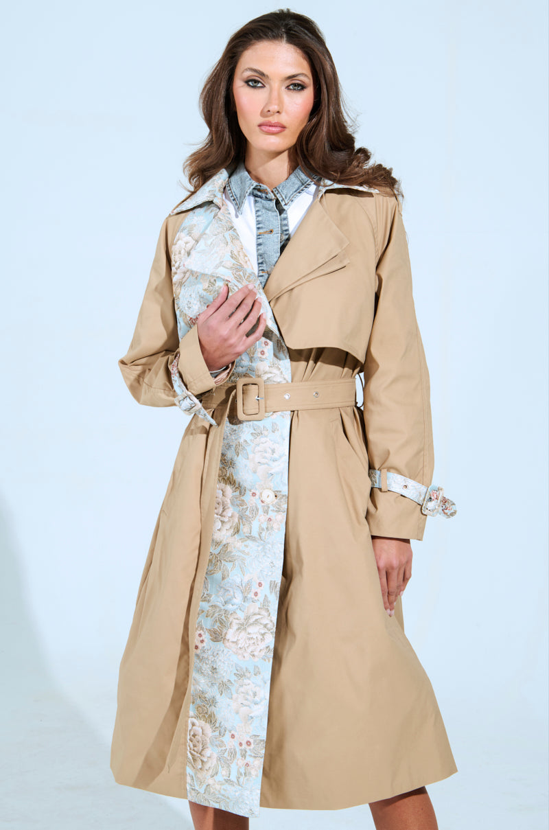 PEEKABOO BROCADE TRIM TRENCH