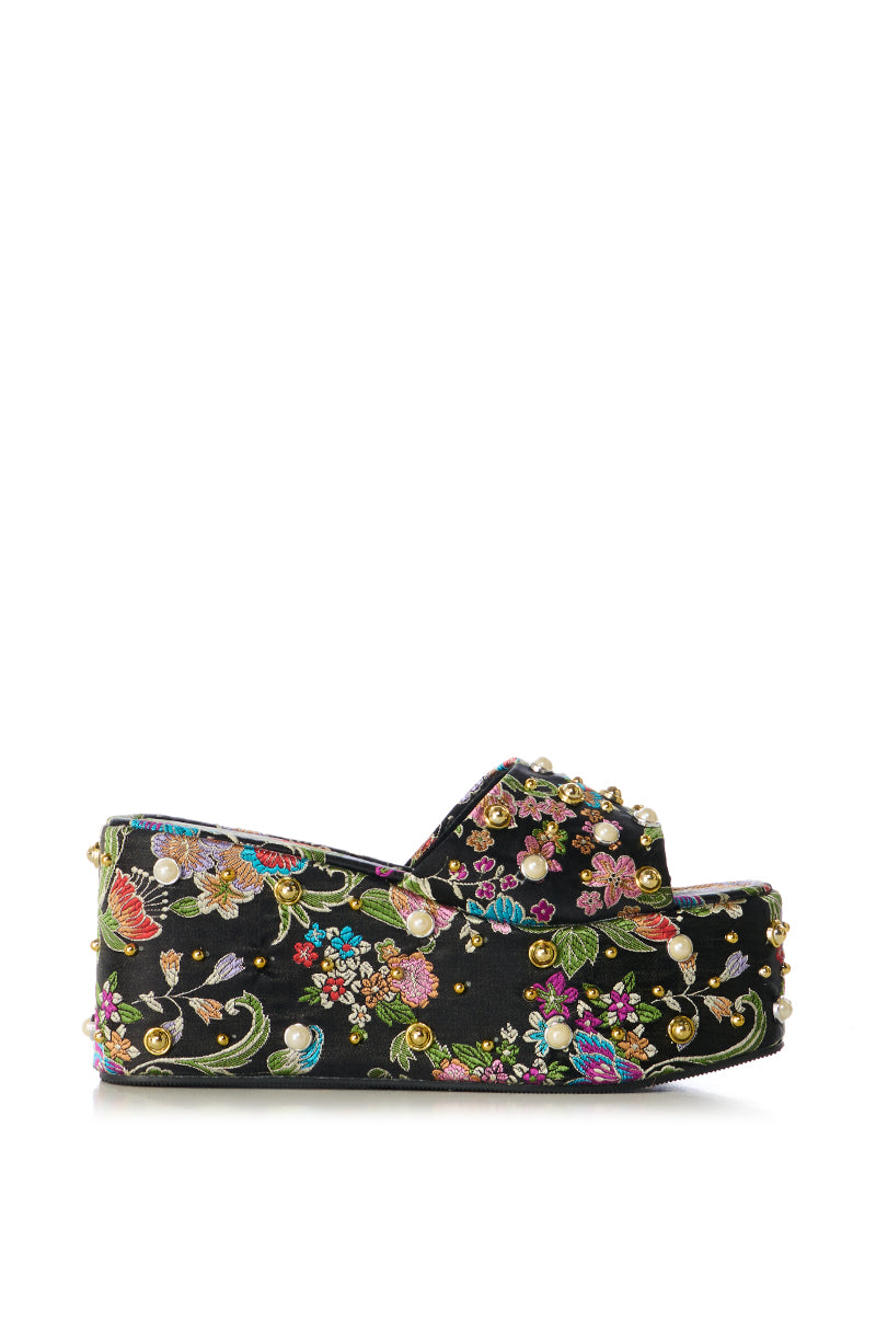 AZALEA WANG RUSSEL EMBELLISHED BROCADE PLATFORM SANDAL IN BLACK