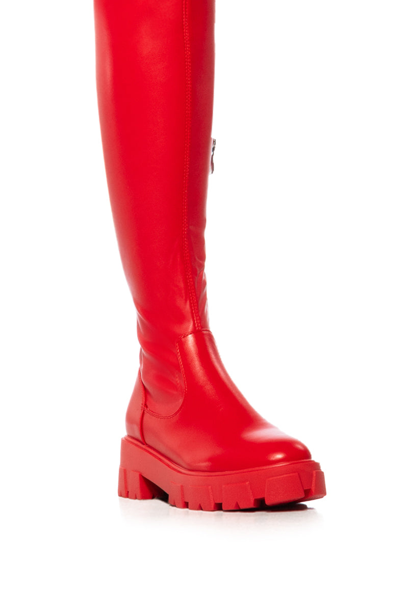 AZALEA WANG LATE NIGHTS OVER THE KNEE FLATFORM BOOT WITH 4 WAY STRETCH IN RED