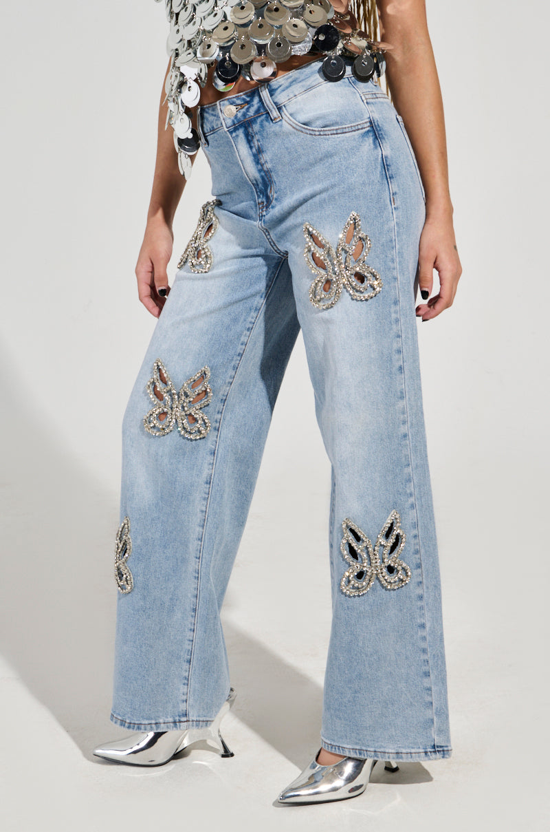 RHINESTONE BUTTERFLY CUTOUT DENIM JEANS