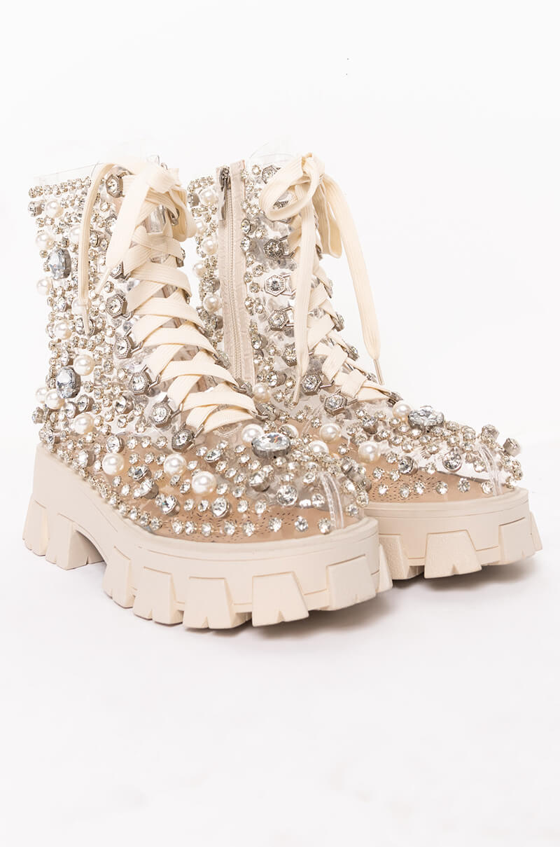 AZALEA WANG DRIPPING IN PEARLS FLATFORM BOOTIE IN NUDE