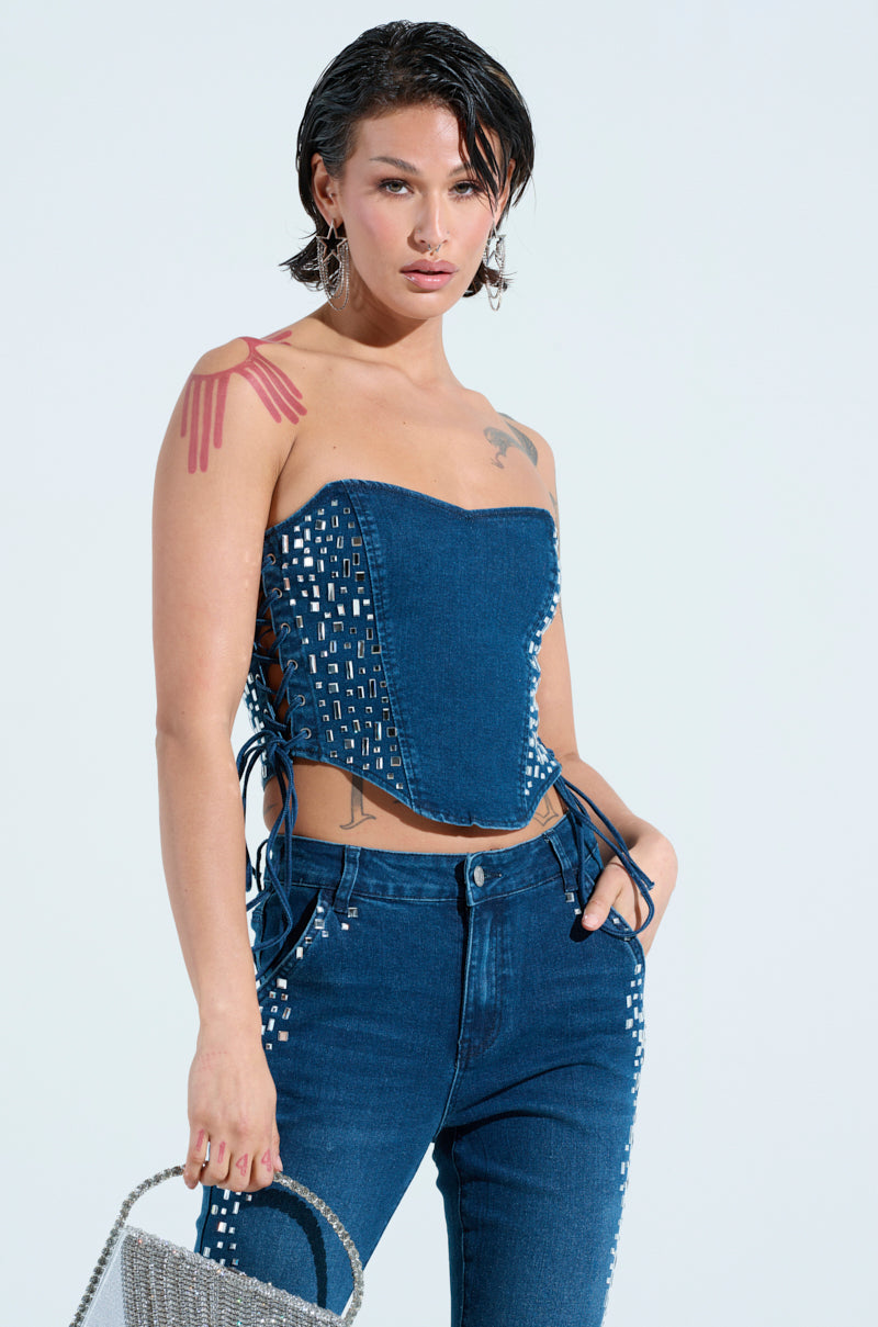 ROCKSTAR DENIM RHINESTONE CORSET TOP