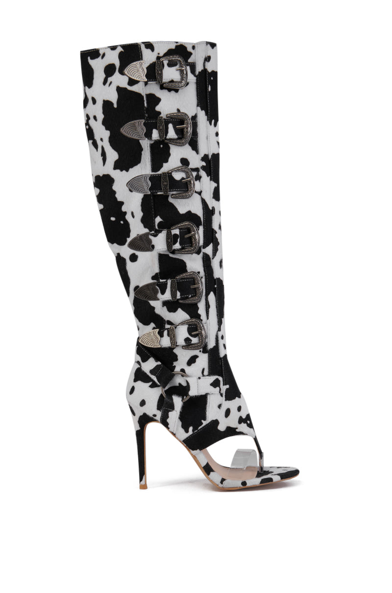 ELARAH COW PRINT FAUX PONY HAIR OPEN TOE SANDAL BOOT