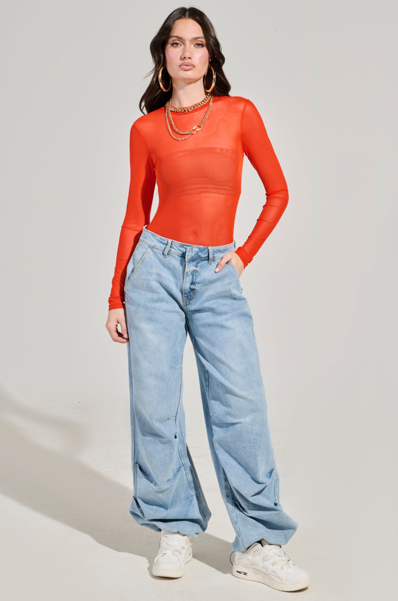 PAXTON MESH LONG SLEEVE CREW NECK BODYSUIT IN ORANGE