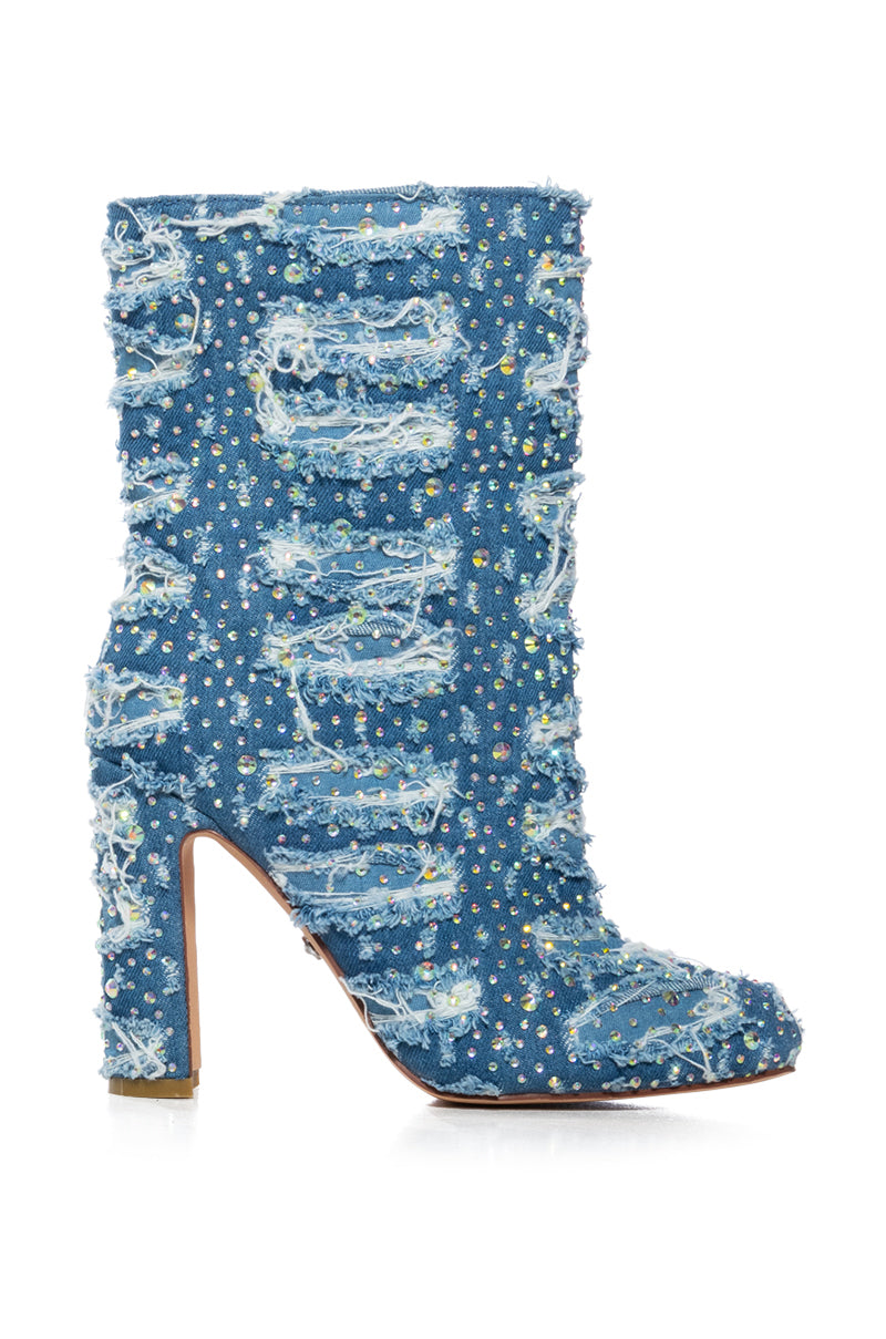 AZALEA WANG WHITEHAVEN DISTRESSED DENIM EMBELLISHED BOOTIE