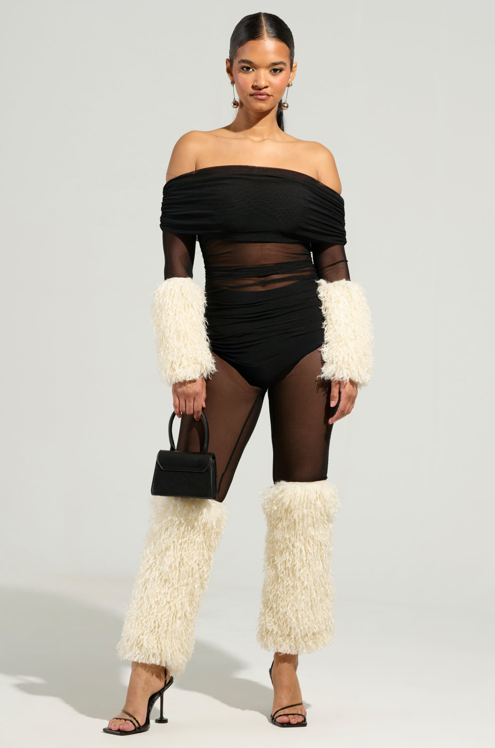 ANNIKA MESH AND FUR JUMPSUIT