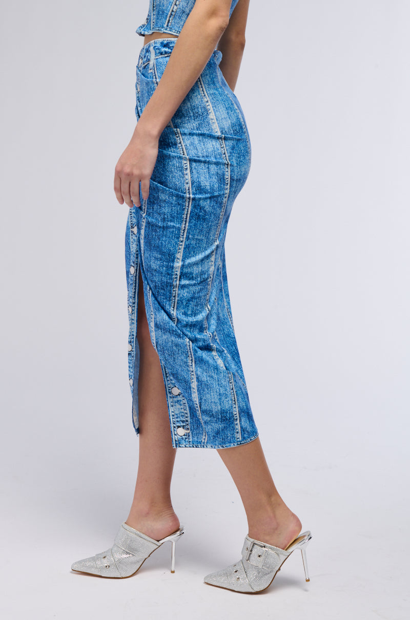 DAY DREAMING DENIM PRINTED MIDI SKIRT