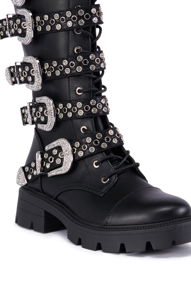 AZALEA WANG BALLADE BLACK EMBELLISHED RHINESTONE BUCKLE BOOT