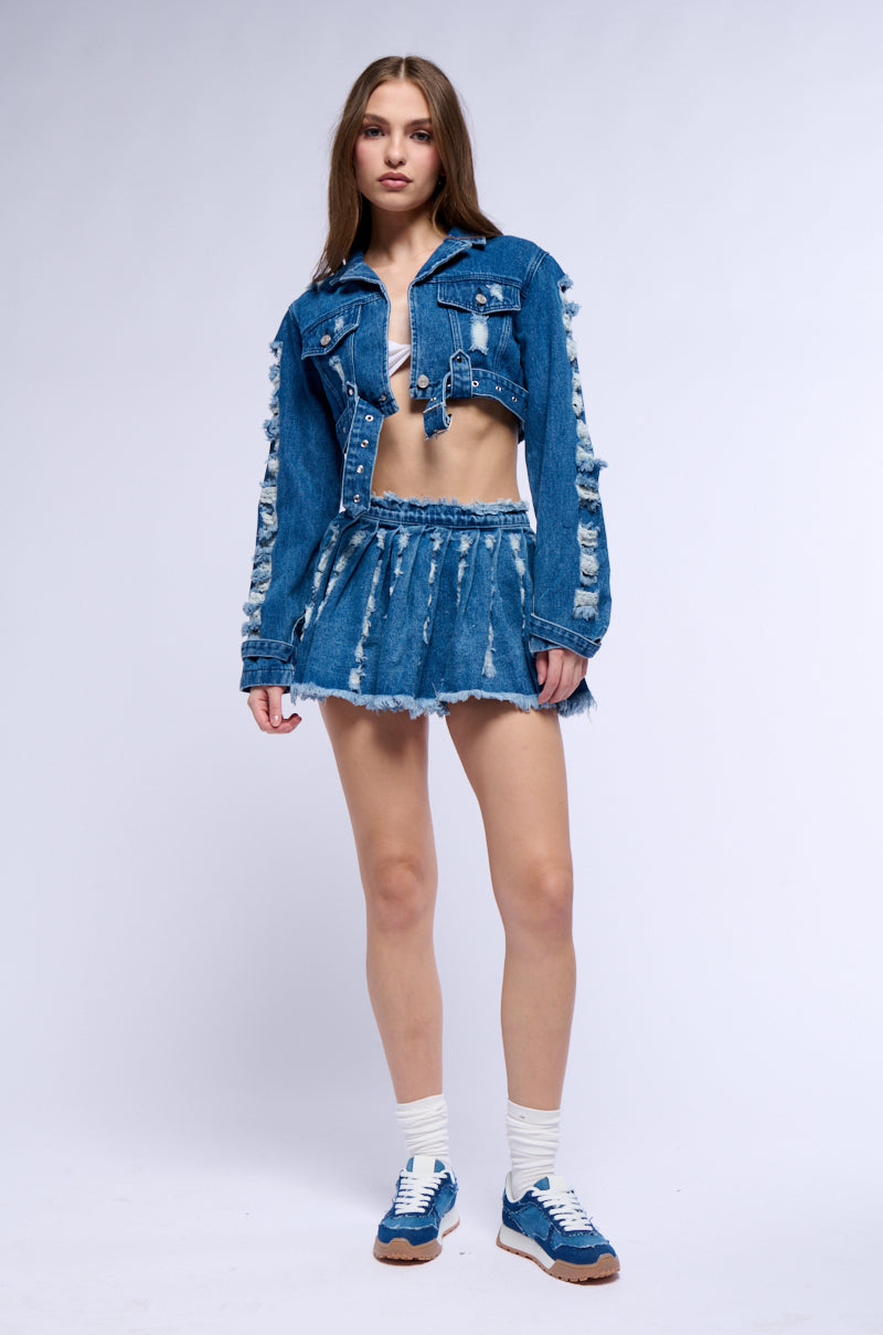 STRESSED OUT CUT OUT PLEATED DENIM MINI SKIRT