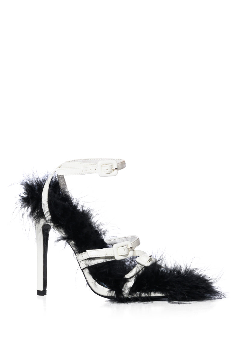 AZALEA WANG BODHI WHITE AND BLACK FUZZY STILLETO SANDAL