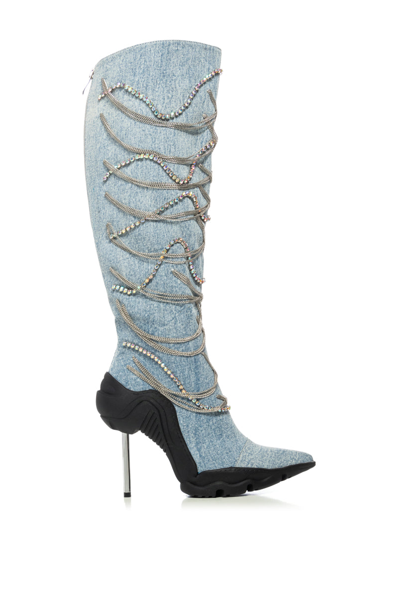 AZALEA WANG TATY DENIM CHAIN EMBELLISHED BOOT