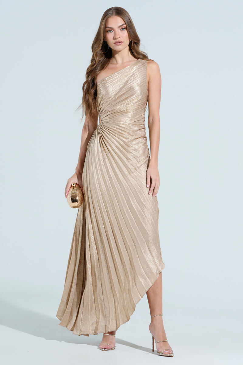 JULIETTE METALLIC PLEATED MIDI DRESS