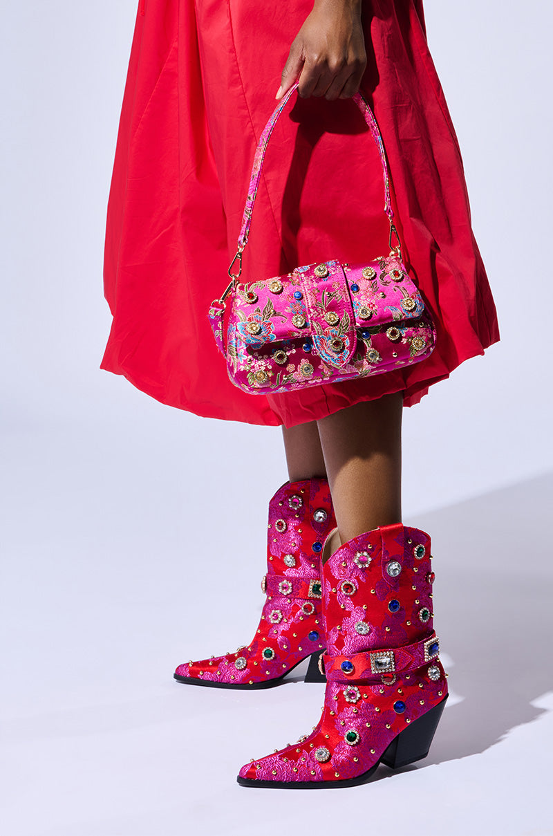 AZALEA WANG DILIGENT RED BROCADE AND GEMS WESTERN BOOTIE