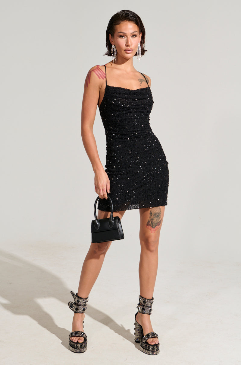 A NIGHT TO REMEMBER SLINKY RHINESTONE MINI DRESS IN BLACK