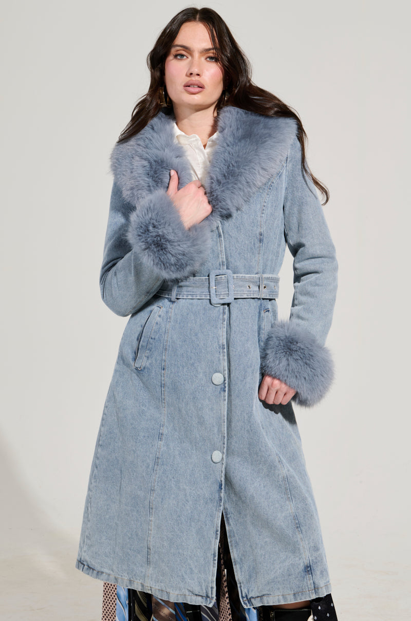 KAYA FUR TRIM TRENCH IN DENIM