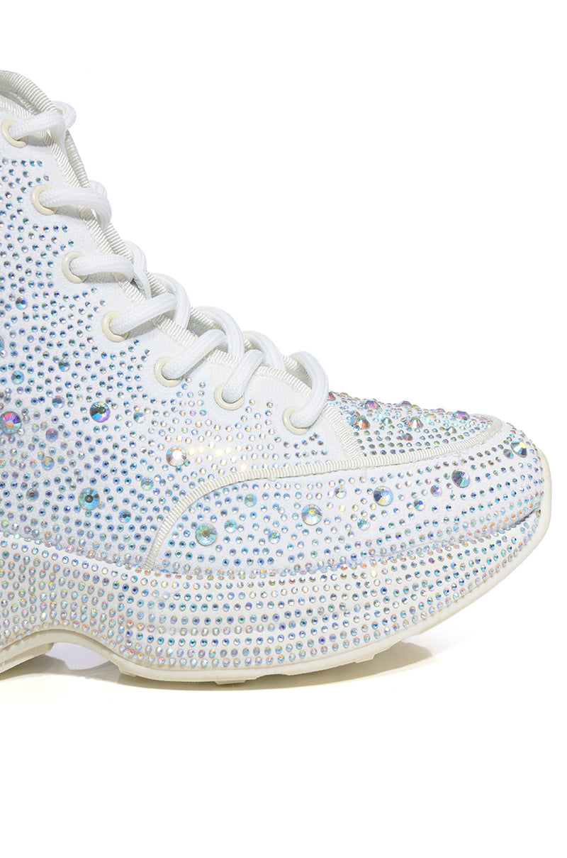 QUEENDOM WHITE HIGH TOP RHINESTONE SNEAKER