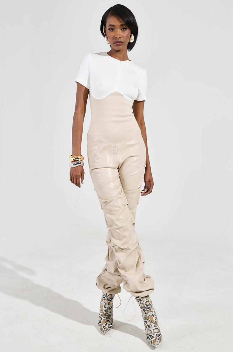 CHARLI STACKED PU JUMPSUIT IN IVORY