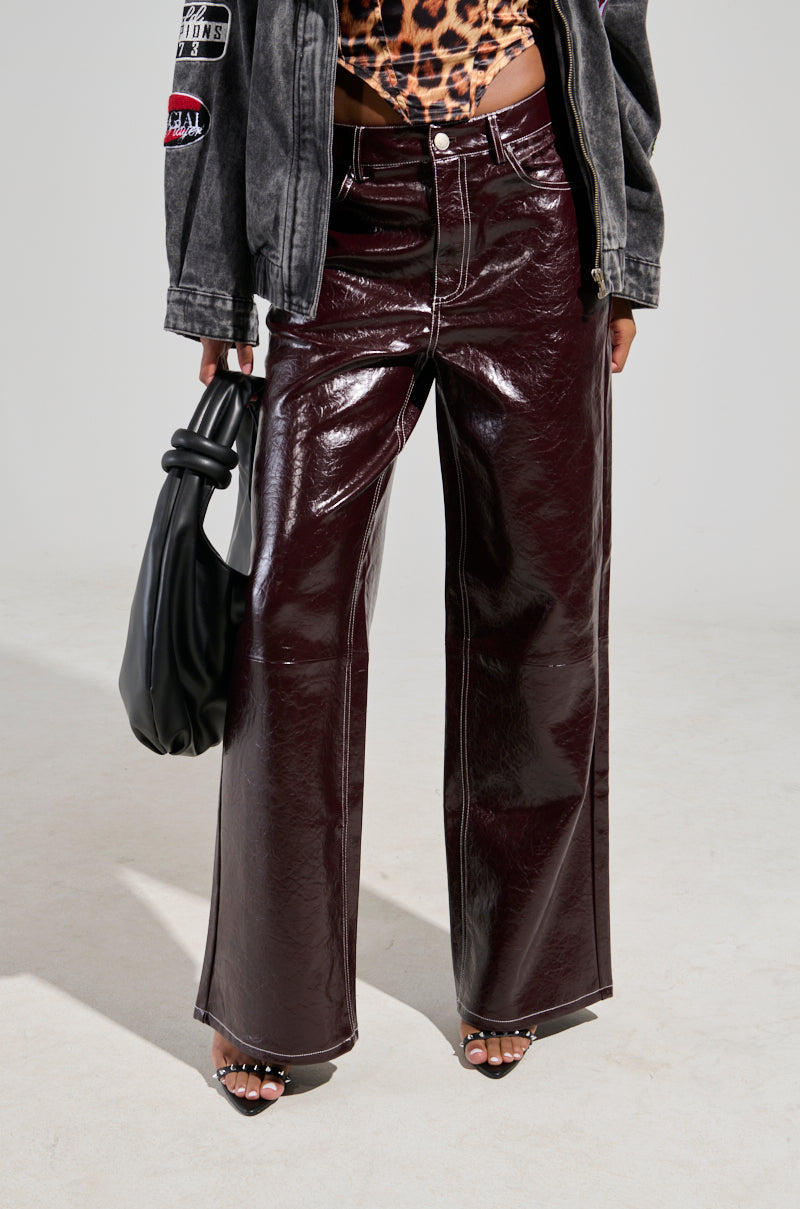 START WITH ME FAUX LEATHER TROUSER IN BURGUNDY