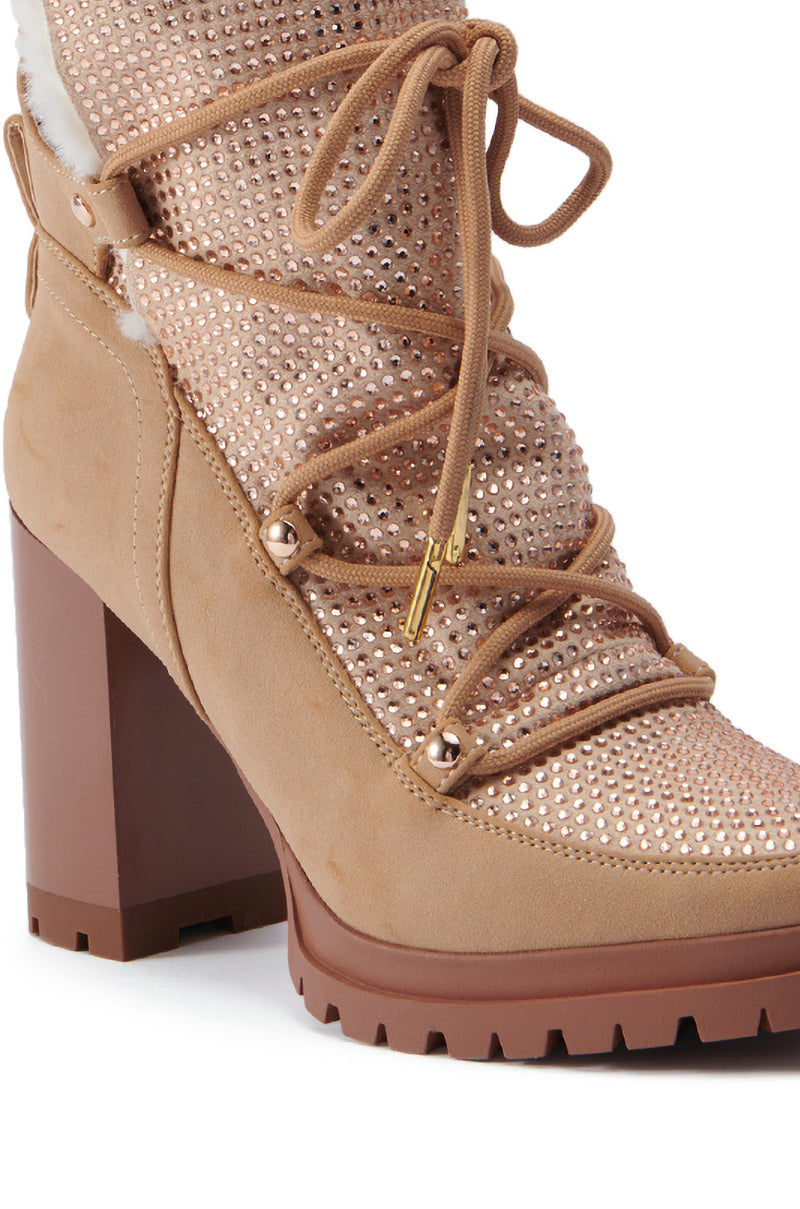 AZALEA WANG TWILLA EMBELLISHED TAN CHUNKY BOOTIE