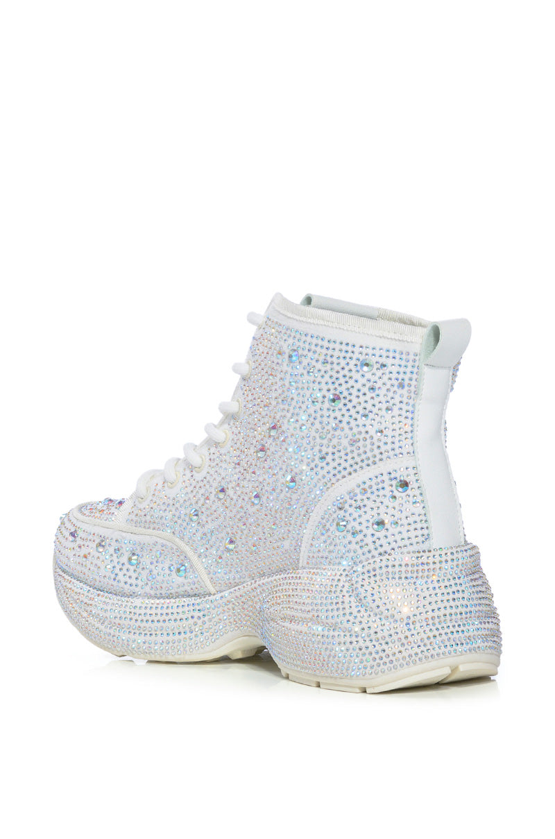 QUEENDOM WHITE HIGH TOP RHINESTONE SNEAKER