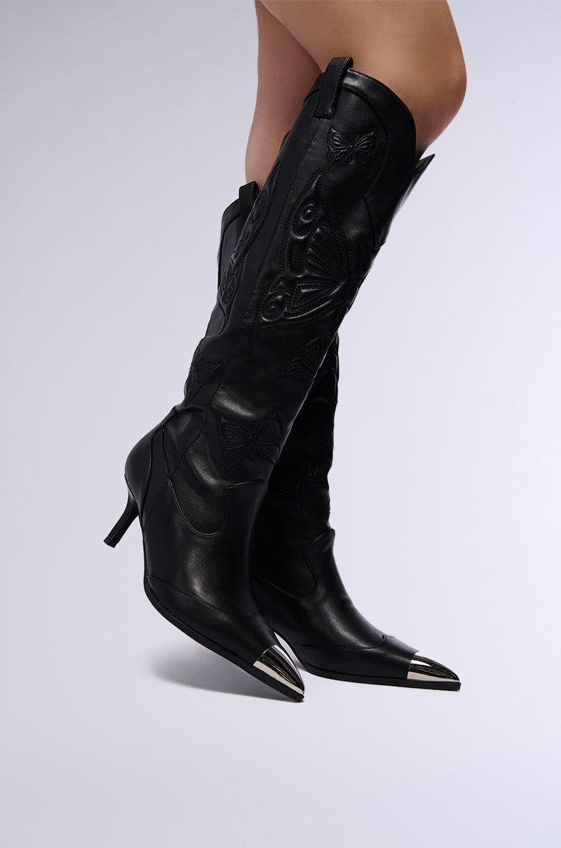 AZALEA WANG FLORYAN BLACK WESTERN BOOT WITH SILVER TOE CAP