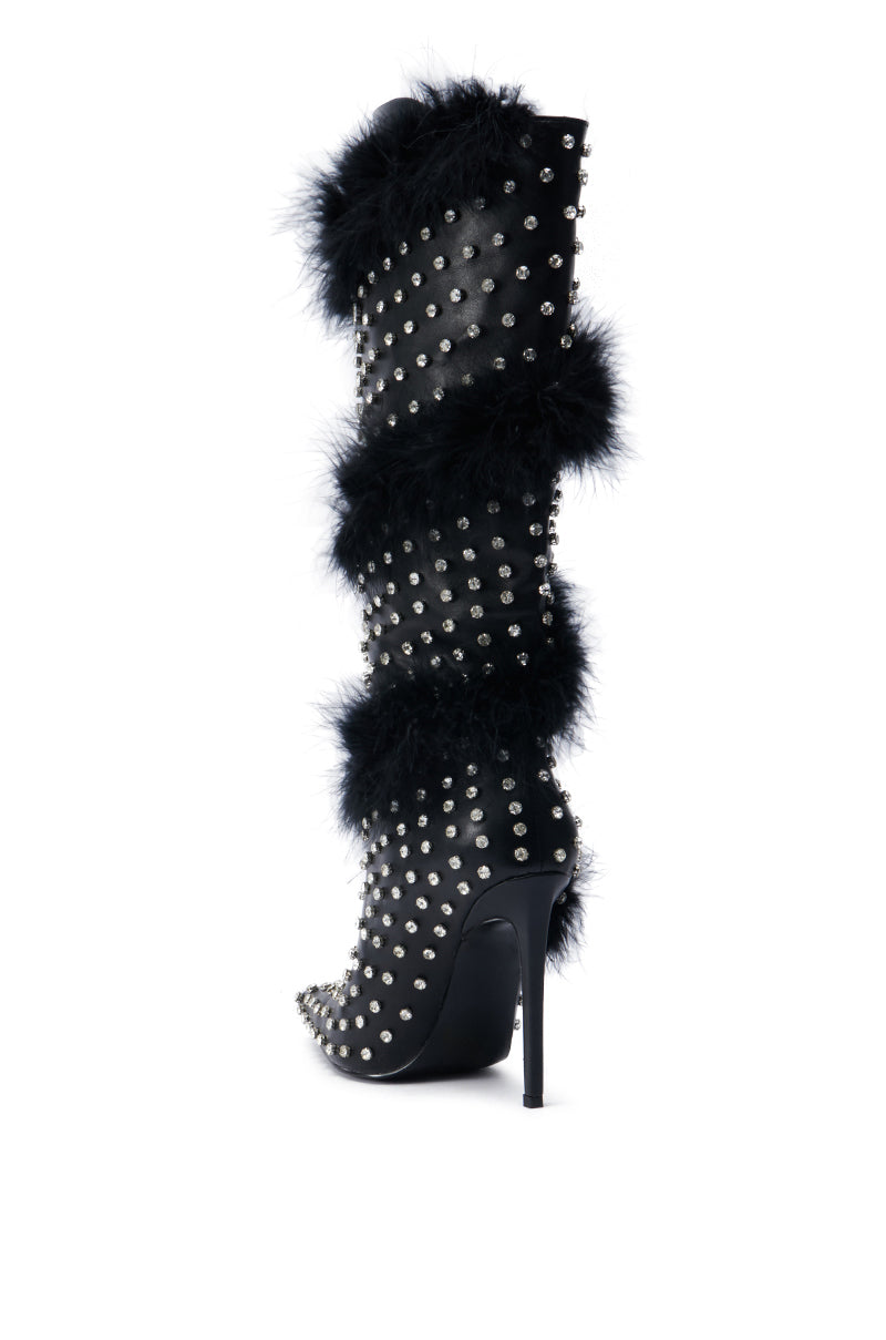 AZALEA WANG GARDENIA FEATHER EMBELLISHED BOOT IN BLACK