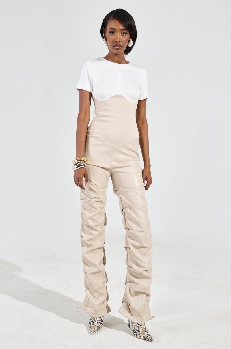 CHARLI STACKED PU JUMPSUIT IN IVORY