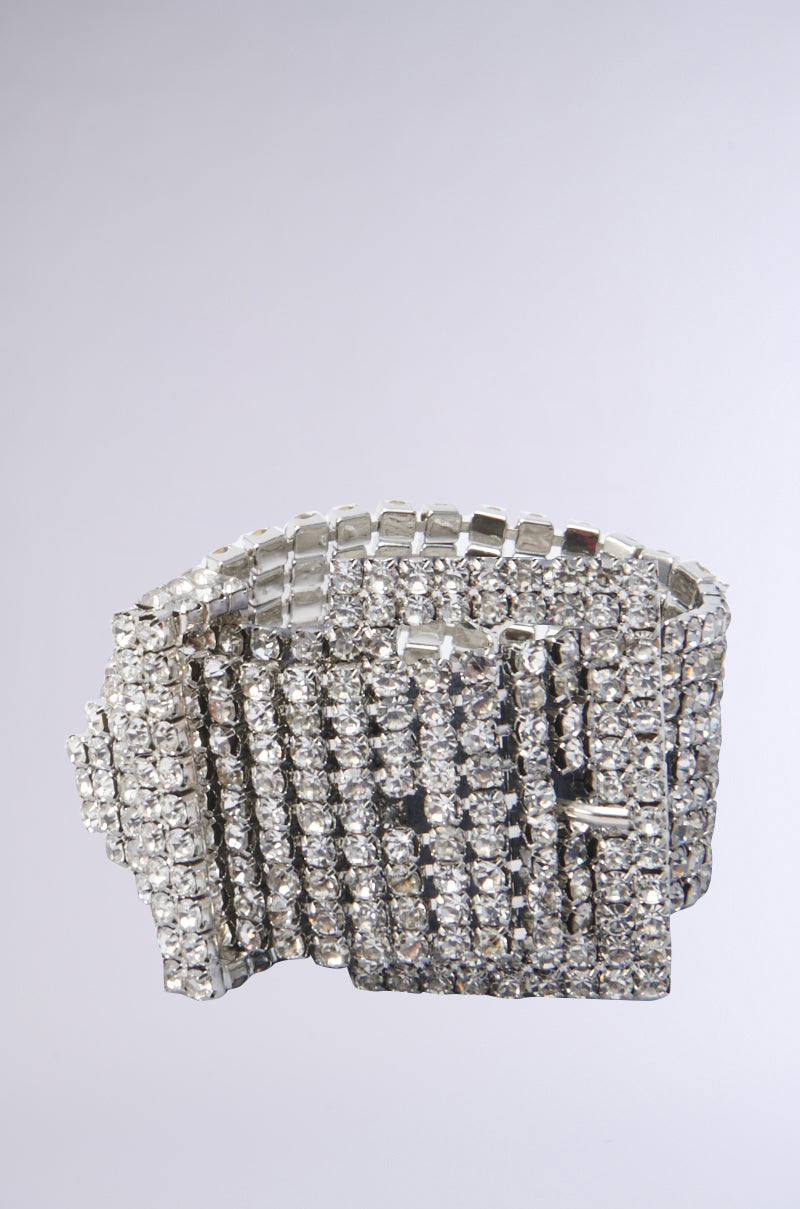 BUCKLE UP RHINESTONE BRACELET IN SILVER