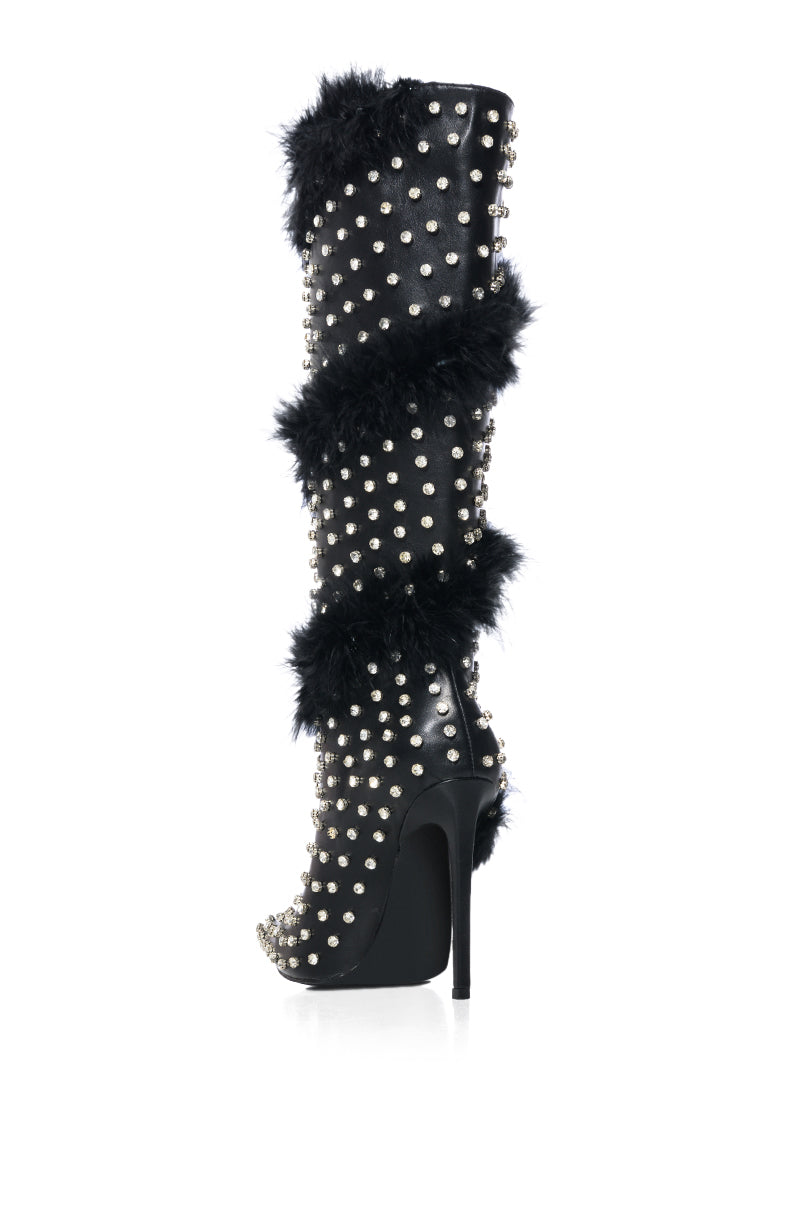 AZALEA WANG GARDENIA FEATHER EMBELLISHED BOOT IN BLACK