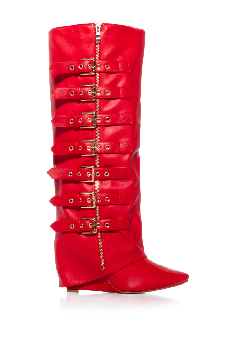 AZALEA WANG RISNA RED BUCKLE DETAIL BOOT