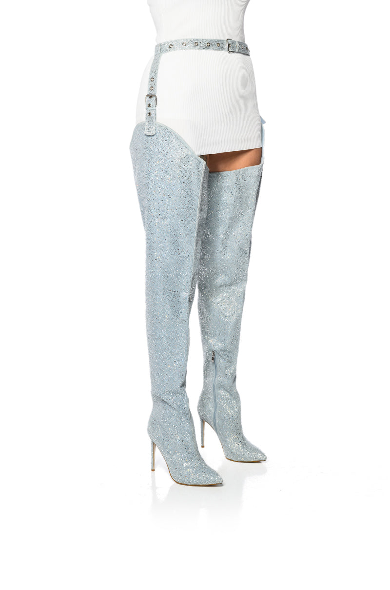 AZALEA WANG JINNY EMBELLISHED THIGH HIGH DENIM CHAP BOOT IN SILVER